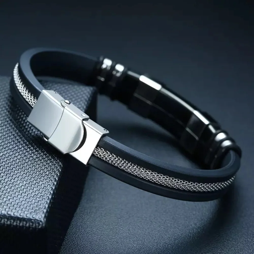Water resistant Groove Wrap Men Metal Poly Stainless Steel Duo Bracelet